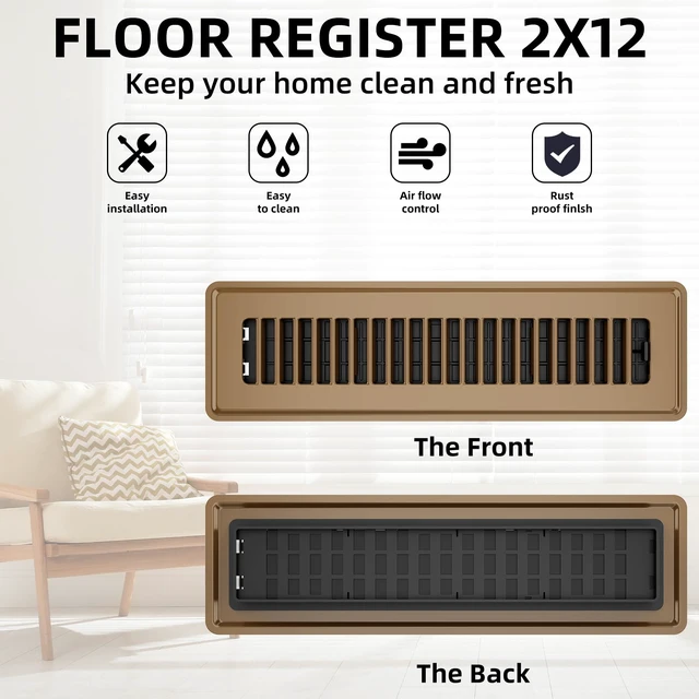 Alt view image 4 of 7 - Floor Register 2x12, 4 Pack Floor Vent Covers for Home Floor Heavy Duty Steel Walkable Floor Vents Air Vent Covers for Sidewall and Floor, Brown