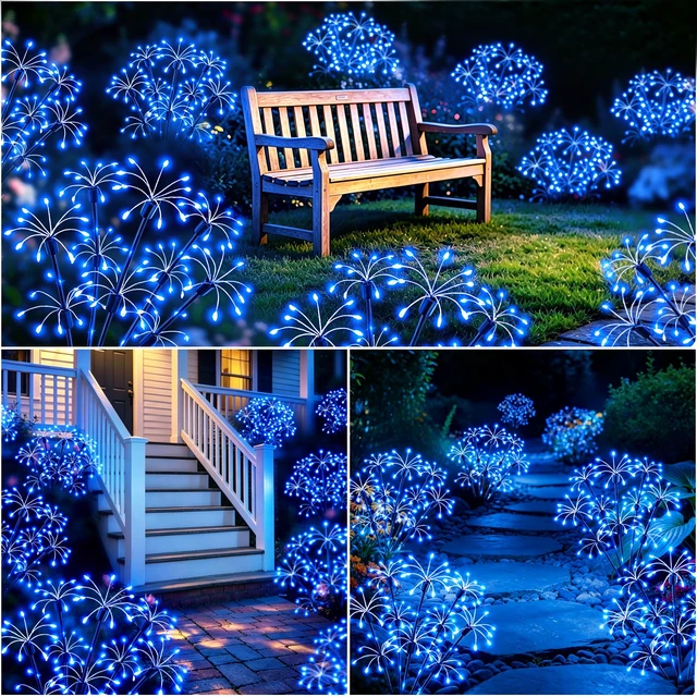 Alt view image 6 of 7 - Solar Garden Lights Outdoor, 4 Pack 2-Layer Blue Fairy Firework Lights Waterproof Starburst Flower Light, Garden Decor for Yard Patio Pathway Lawn, Unique Gifts for Women Mom Grandma Christmas