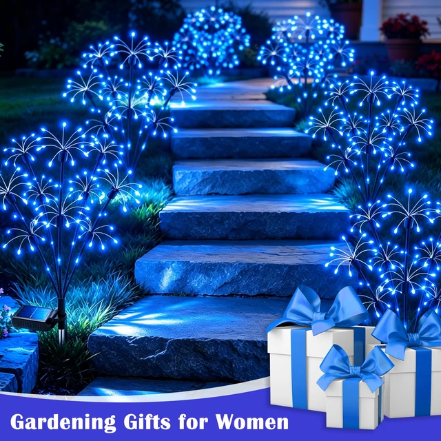 Alt view image 7 of 7 - Solar Garden Lights Outdoor, 4 Pack 2-Layer Blue Fairy Firework Lights Waterproof Starburst Flower Light, Garden Decor for Yard Patio Pathway Lawn, Unique Gifts for Women Mom Grandma Christmas