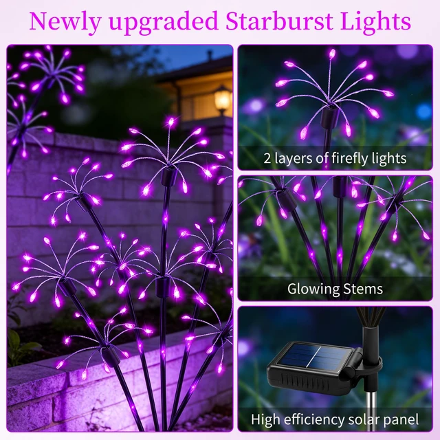 Alt view image 2 of 7 - Solar Garden Lights Outdoor, 4 Pack 2-Layer Purple Solar Firework Lights Purple Halloween Decoration, Waterproof Starburst Fairy Light Garden Decor for Christmas Yard Patio Pathway Lawn