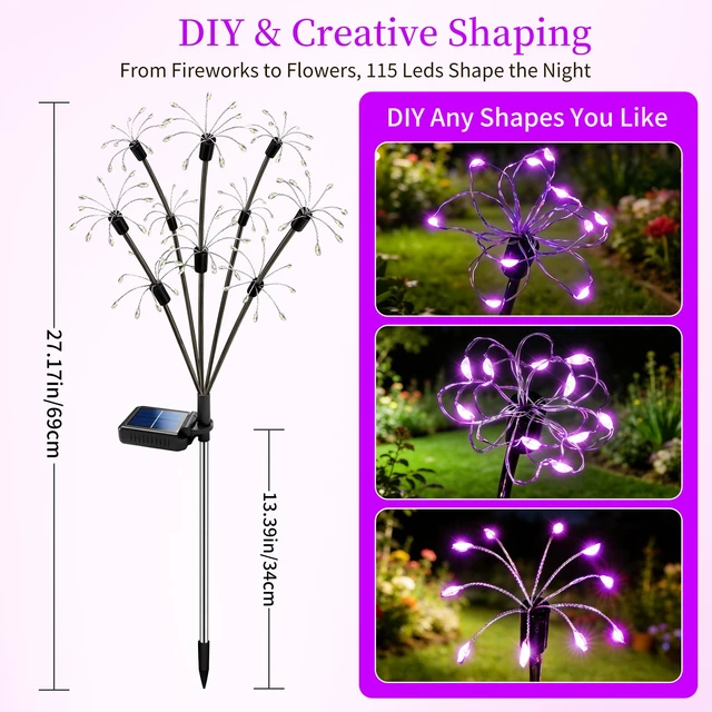 Alt view image 3 of 7 - Solar Garden Lights Outdoor, 4 Pack 2-Layer Purple Solar Firework Lights Purple Halloween Decoration, Waterproof Starburst Fairy Light Garden Decor for Christmas Yard Patio Pathway Lawn