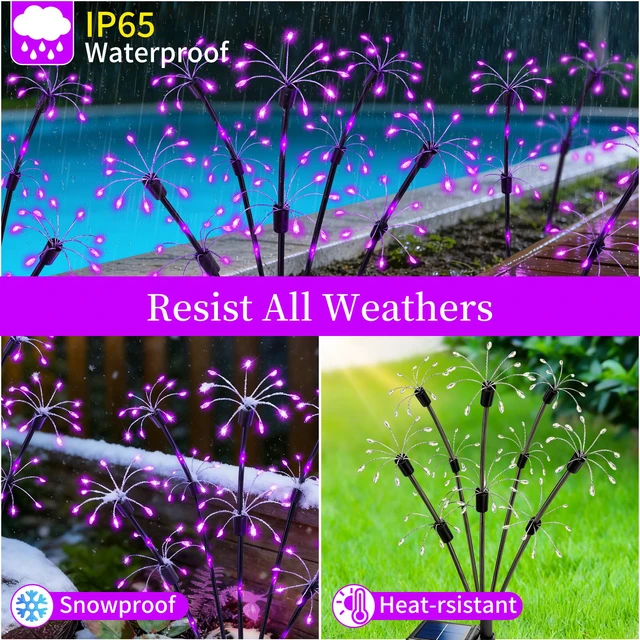 Alt view image 4 of 7 - Solar Garden Lights Outdoor, 4 Pack 2-Layer Purple Solar Firework Lights Purple Halloween Decoration, Waterproof Starburst Fairy Light Garden Decor for Christmas Yard Patio Pathway Lawn