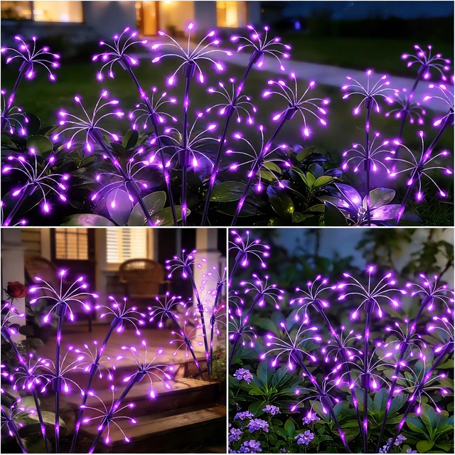 Alt view image 5 of 7 - Solar Garden Lights Outdoor, 4 Pack 2-Layer Purple Solar Firework Lights Purple Halloween Decoration, Waterproof Starburst Fairy Light Garden Decor for Christmas Yard Patio Pathway Lawn