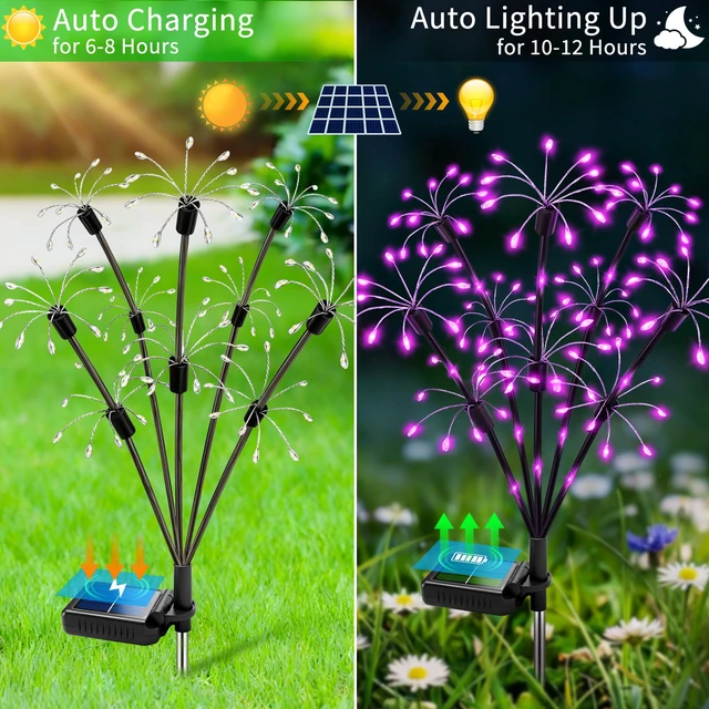 Alt view image 6 of 7 - Solar Garden Lights Outdoor, 4 Pack 2-Layer Purple Solar Firework Lights Purple Halloween Decoration, Waterproof Starburst Fairy Light Garden Decor for Christmas Yard Patio Pathway Lawn
