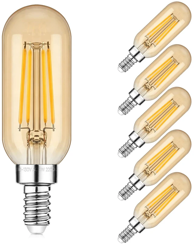 Main image of E12 Edison LED Light Bulbs 40 Watt Equivalent Candelabra, Dimmable 2200K Amber Warm White T6 Amber LED Bulbs 4W 280lm Vintage T25 for Chandelier Ceiling Fan, Tubular Small Filament Bulbs, 6 Packs