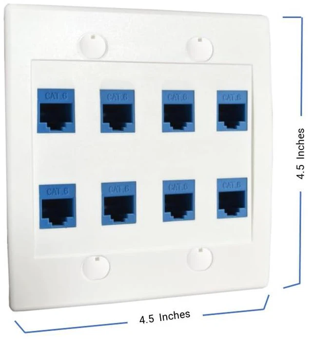Alt view image 5 of 7 - 8 Port Ethernet Wall Plate, Cat 6, Double Gang, RJ45 Female to Female Keystone Jacks - White