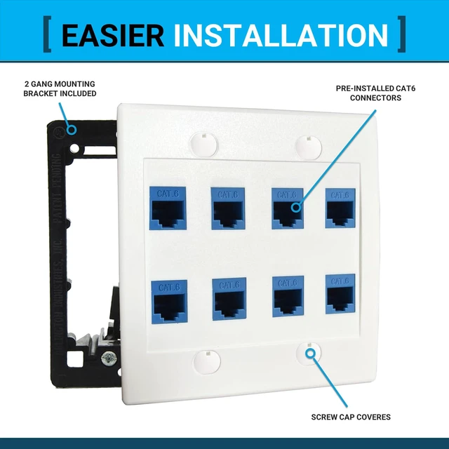 Alt view image 2 of 7 - 8 Port Ethernet Wall Plate, Cat 6, Double Gang, RJ45 Female to Female Keystone Jacks - White