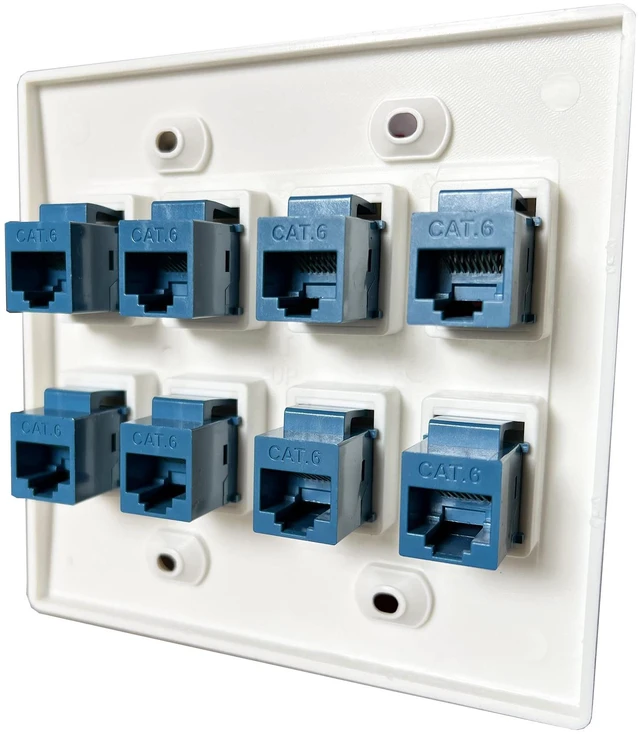 Alt view image 6 of 7 - 8 Port Ethernet Wall Plate, Cat 6, Double Gang, RJ45 Female to Female Keystone Jacks - White