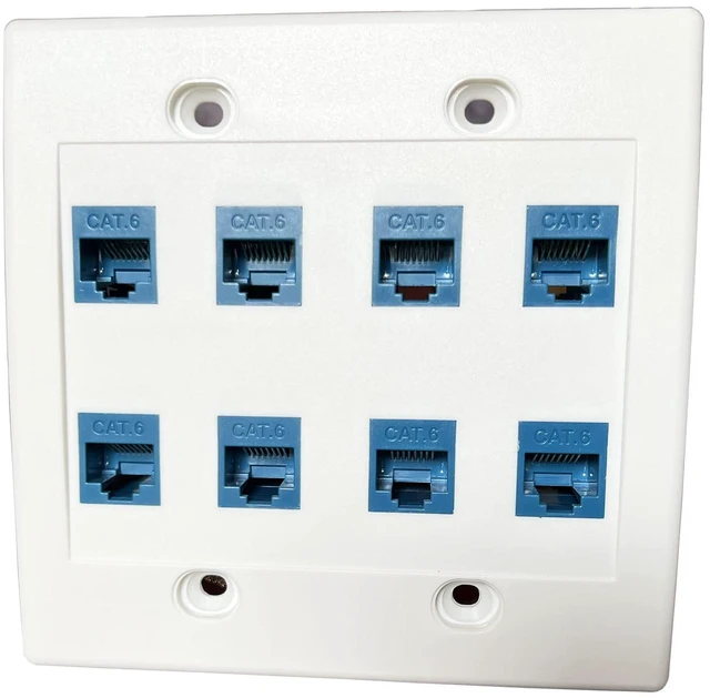 Alt view image 4 of 7 - 8 Port Ethernet Wall Plate, Cat 6, Double Gang, RJ45 Female to Female Keystone Jacks - White