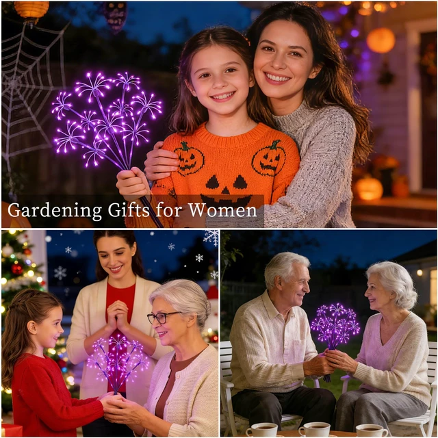 Alt view image 7 of 7 - Solar Garden Lights Outdoor, 4 Pack 2-Layer Purple Solar Firework Lights Purple Halloween Decoration, Waterproof Starburst Fairy Light Garden Decor for Christmas Yard Patio Pathway Lawn