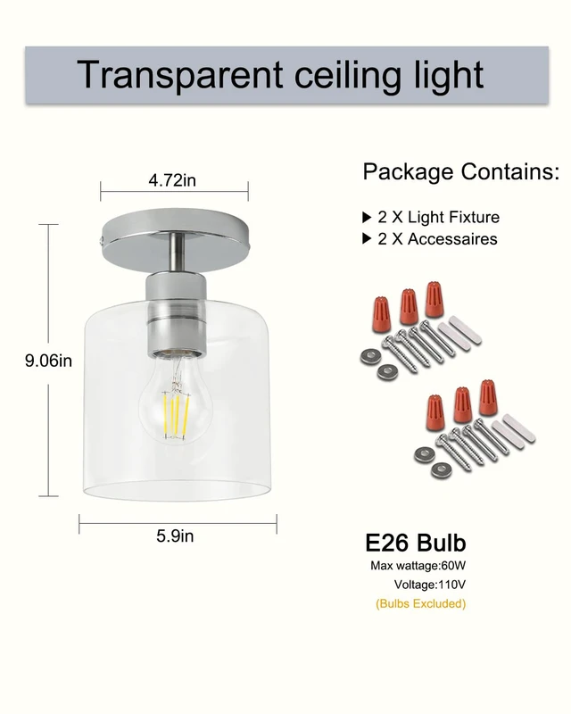 Alt view image 4 of 7 - Chrome Semi Flush Mount Ceiling Light,Modern Farmhouse Ceiling Light Fixture for Closet Entryway,Hallway Light Fixture 5.9in Clear Glass Shade 2 Pack