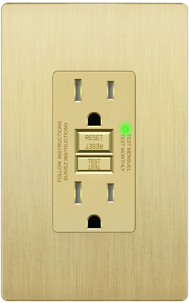 Main image of GFCI Outlet 15Amp, Brushed Wall Plate, ETL Listed, Matte Gold Tamper-Resistant, LED Indicator, Screwless Wall Plate, GFCI Receptacle, Thermoplastic, No-False-Trip, Matte Gold