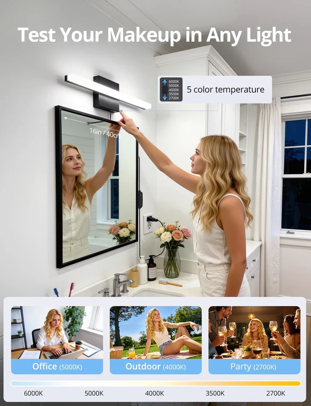 Alt view image 4 of 7 - Black Plug in Vanity Light Bar Corded for Bathroom Lighting Fixture No Wiring, 16Inch 5 Colors Adjustable Dimmable Modern Bright Daylight Mirror Lamp for Wall Dressing Room Makeup (with Plug)