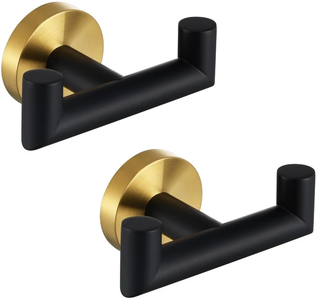Main image of Double Towel Hooks, Bathroom Robe Coat Hook 2 Pack, Black Gold Solid Stainless Steel, Heavy Duty Dual Holder for Shower Closet Kitchen Living room Entryway, Screws Wall Mounted