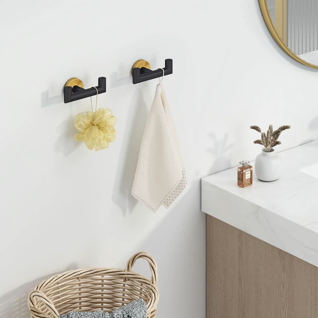 Alt view image 2 of 7 - Double Towel Hooks, Bathroom Robe Coat Hook 2 Pack, Black Gold Solid Stainless Steel, Heavy Duty Dual Holder for Shower Closet Kitchen Living room Entryway, Screws Wall Mounted