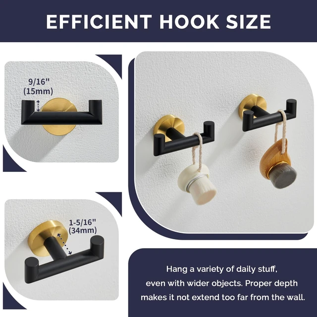 Alt view image 3 of 7 - Double Towel Hooks, Bathroom Robe Coat Hook 2 Pack, Black Gold Solid Stainless Steel, Heavy Duty Dual Holder for Shower Closet Kitchen Living room Entryway, Screws Wall Mounted