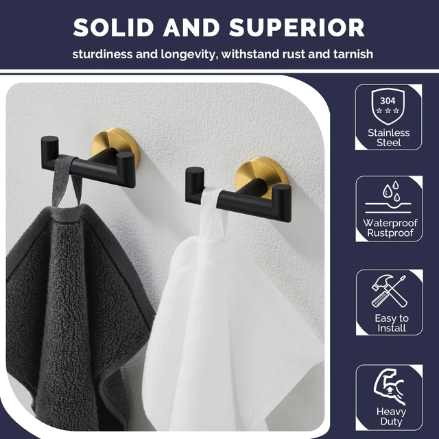 Alt view image 4 of 7 - Double Towel Hooks, Bathroom Robe Coat Hook 2 Pack, Black Gold Solid Stainless Steel, Heavy Duty Dual Holder for Shower Closet Kitchen Living room Entryway, Screws Wall Mounted