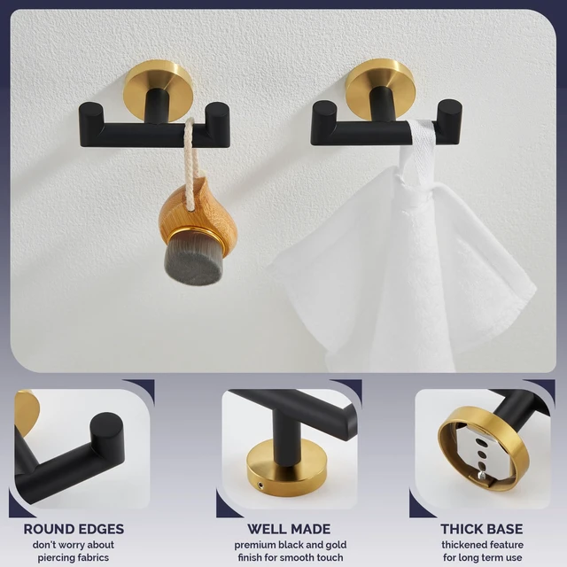Alt view image 6 of 7 - Double Towel Hooks, Bathroom Robe Coat Hook 2 Pack, Black Gold Solid Stainless Steel, Heavy Duty Dual Holder for Shower Closet Kitchen Living room Entryway, Screws Wall Mounted