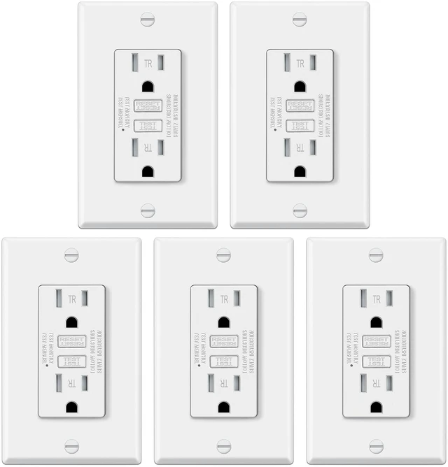 Main image of 5 Pack GFCI Outlets 15 Amp, TR GFI, ETL Listed, White Tamper Resistant, 15A GFI Receptacles with LED Indicator, Ground Fault Circuit Interrupter, Decor Wallplate Included