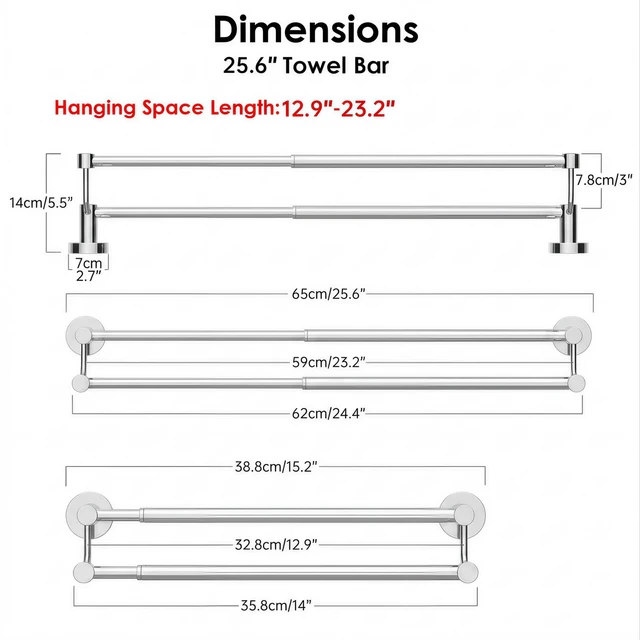 Alt view image 6 of 6 - Double Towel Bar Towel Rack for Bathroom Wall Mounted Polished Chrome Adjustable 16-26 In,Wall Mounted Towel Holder, Stainless Steel, Rustproof, Towel Bar Rod Hanger Hardware Accessories Hotel