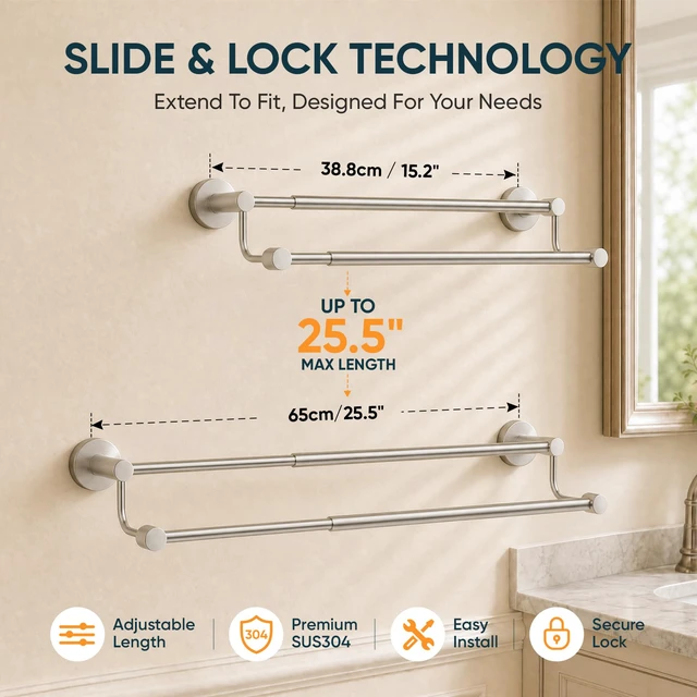 Alt view image 3 of 7 - Double Towel Bar Towel Rack for Bathroom Wall Mounted Brushed Nickel Adjustable 16-26 In,Wall Mounted Towel Holder, Stainless Steel, Rustproof, Towel Bar Rod Hanger Hardware Accessories Hotel