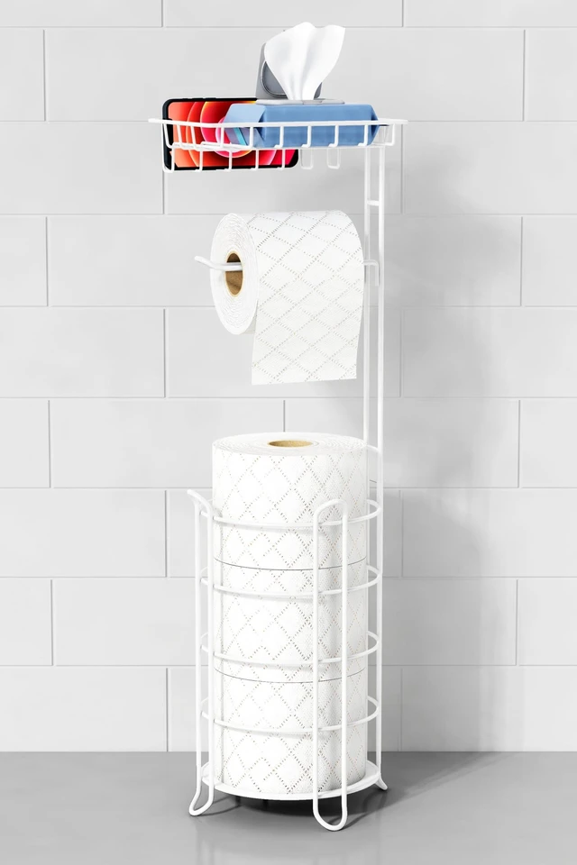 Main image of White Toilet Paper Holder Stand with Shelf, Free Standing Bathroom Tissue Holder for Large Mega Rolls, Metal Floor Toilet Paper Roll Holder with Wipes Storage and Phone Tray (White)