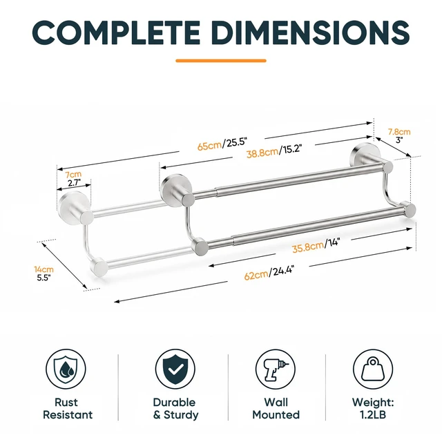 Alt view image 6 of 7 - Double Towel Bar Towel Rack for Bathroom Wall Mounted Brushed Nickel Adjustable 16-26 In,Wall Mounted Towel Holder, Stainless Steel, Rustproof, Towel Bar Rod Hanger Hardware Accessories Hotel