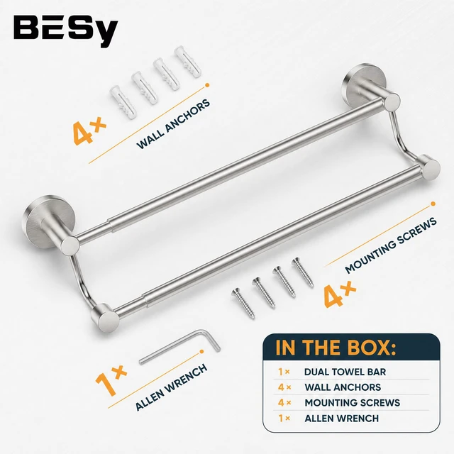 Alt view image 7 of 7 - Double Towel Bar Towel Rack for Bathroom Wall Mounted Brushed Nickel Adjustable 16-26 In,Wall Mounted Towel Holder, Stainless Steel, Rustproof, Towel Bar Rod Hanger Hardware Accessories Hotel