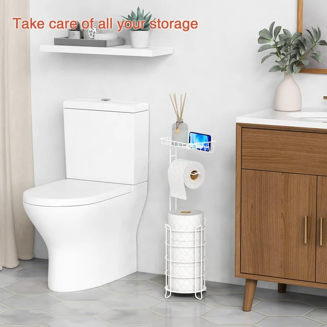 Alt view image 2 of 7 - White Toilet Paper Holder Stand with Shelf, Free Standing Bathroom Tissue Holder for Large Mega Rolls, Metal Floor Toilet Paper Roll Holder with Wipes Storage and Phone Tray (White)