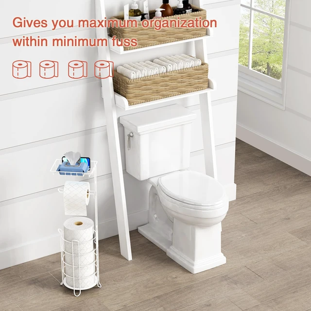 Alt view image 3 of 7 - White Toilet Paper Holder Stand with Shelf, Free Standing Bathroom Tissue Holder for Large Mega Rolls, Metal Floor Toilet Paper Roll Holder with Wipes Storage and Phone Tray (White)