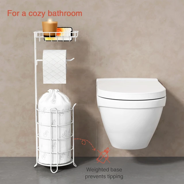 Alt view image 4 of 7 - White Toilet Paper Holder Stand with Shelf, Free Standing Bathroom Tissue Holder for Large Mega Rolls, Metal Floor Toilet Paper Roll Holder with Wipes Storage and Phone Tray (White)