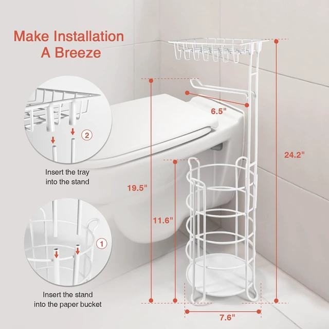 Alt view image 5 of 7 - White Toilet Paper Holder Stand with Shelf, Free Standing Bathroom Tissue Holder for Large Mega Rolls, Metal Floor Toilet Paper Roll Holder with Wipes Storage and Phone Tray (White)