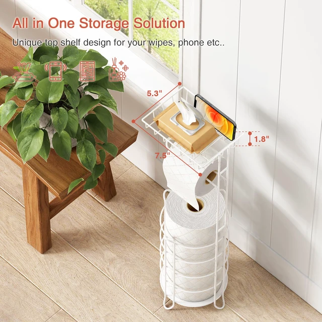 Alt view image 7 of 7 - White Toilet Paper Holder Stand with Shelf, Free Standing Bathroom Tissue Holder for Large Mega Rolls, Metal Floor Toilet Paper Roll Holder with Wipes Storage and Phone Tray (White)