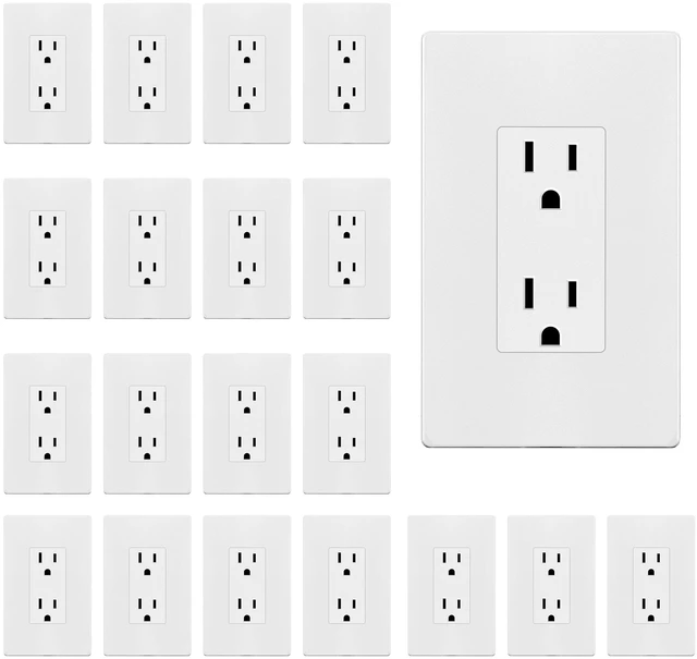 Main image of 20 Pack Decorator Outlet 15A Receptacle with Screwless Wall Plate Self-Grounding, UL Listed, Standard Residential Electrical Outlets for Home, Non-Tamper Resistant, 5-15R, 125V, Matte White
