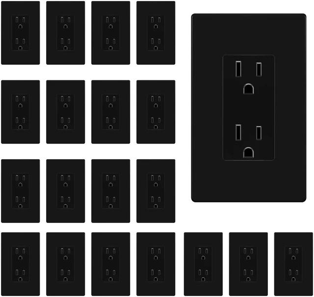 Main image of 20 Pack Decorator Outlet 15A Receptacle with Screwless Wall Plate Self-Grounding, UL Listed, Standard Residential Electrical Outlets for Home, Non-Tamper Resistant, 5-15R, 125V, Glossy Black