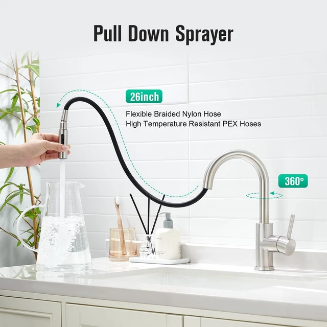 Alt view image 3 of 7 - Bathroom Faucet with Pull Out Sprayer,Brushed Nickel Single Handle Kitchen Bar Faucets for Mini Sink Pull Down Vanity Mixer Tap 2 Water Modes,cUPC/NSF