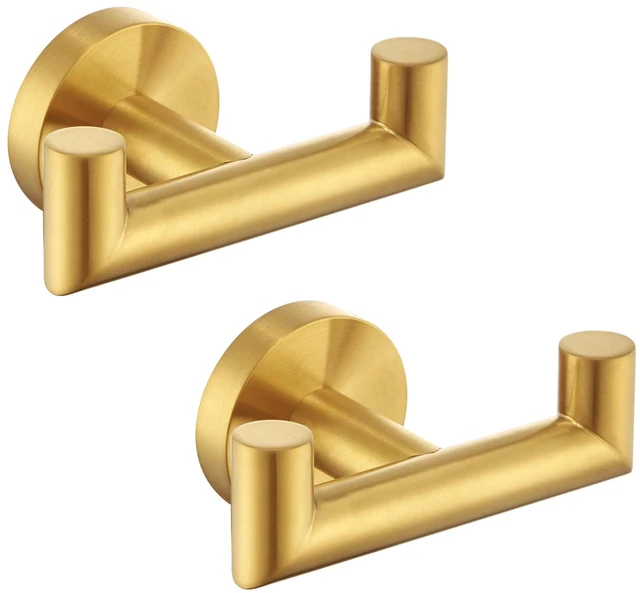 Main image of Towel Hooks 2 Pack, Double Bath Towel Holder Brushed Dark Gold SUS304 Stainless Steel, Robe Coat Wall Hook for Bathroom Entryway Closet, Screws Mount