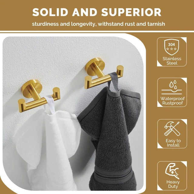 Alt view image 4 of 7 - Towel Hooks 2 Pack, Double Bath Towel Holder Brushed Dark Gold SUS304 Stainless Steel, Robe Coat Wall Hook for Bathroom Entryway Closet, Screws Mount