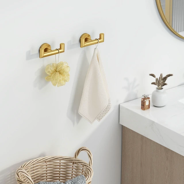 Alt view image 2 of 7 - Towel Hooks 2 Pack, Double Bath Towel Holder Brushed Dark Gold SUS304 Stainless Steel, Robe Coat Wall Hook for Bathroom Entryway Closet, Screws Mount