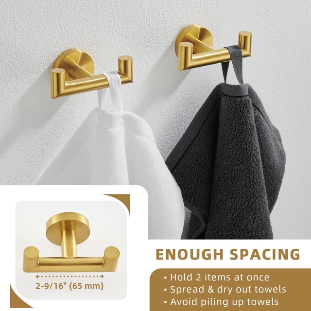 Alt view image 5 of 7 - Towel Hooks 2 Pack, Double Bath Towel Holder Brushed Dark Gold SUS304 Stainless Steel, Robe Coat Wall Hook for Bathroom Entryway Closet, Screws Mount