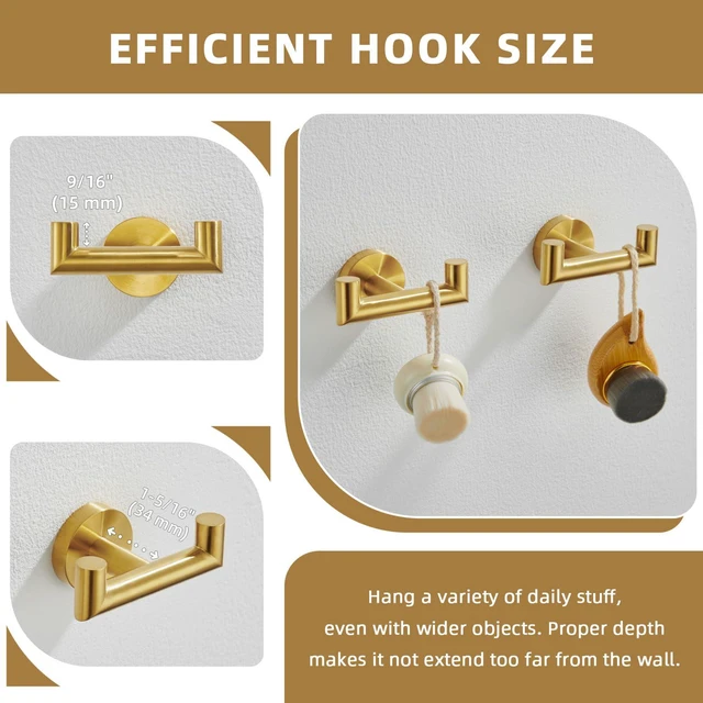 Alt view image 6 of 7 - Towel Hooks 2 Pack, Double Bath Towel Holder Brushed Dark Gold SUS304 Stainless Steel, Robe Coat Wall Hook for Bathroom Entryway Closet, Screws Mount