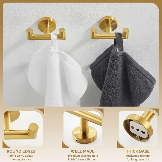 Alt view image 7 of 7 - Towel Hooks 2 Pack, Double Bath Towel Holder Brushed Dark Gold SUS304 Stainless Steel, Robe Coat Wall Hook for Bathroom Entryway Closet, Screws Mount