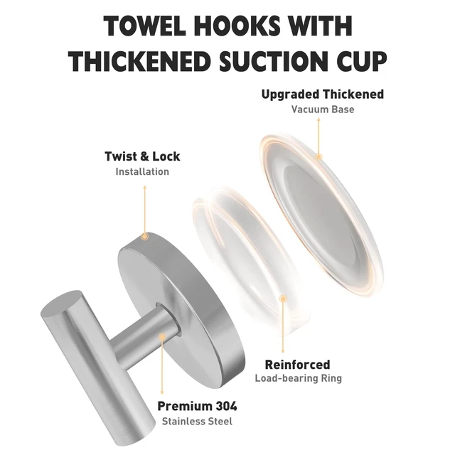 Alt view image 3 of 7 - Suction Cup Hooks for Shower, Shower Hooks for Inside Shower, No Drill Towel Hooks for Bathroom, Removable Suction Hooks for Glass, Mirror, Tile, Waterproof, Rustproof Silver (2 Pack)