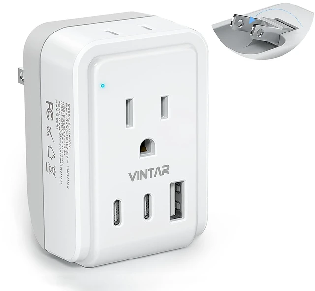 Main image of US to Japan Plug Adapter, 1 Pack Foldable Japan Outlet Adapter Type A, 5 in 1 with 2 AC 3 USB, Dual USB C Fast Charge, Compact Size for Travel, 2 Prong to 3 Prong Outlet for USA Japan