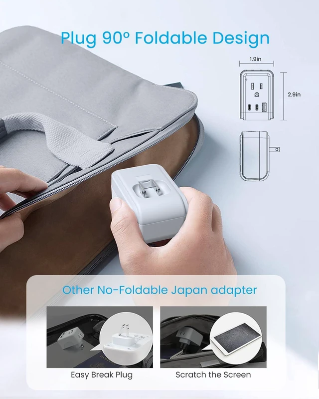 Alt view image 2 of 6 - US to Japan Plug Adapter, 1 Pack Foldable Japan Outlet Adapter Type A, 5 in 1 with 2 AC 3 USB, Dual USB C Fast Charge, Compact Size for Travel, 2 Prong to 3 Prong Outlet for USA Japan