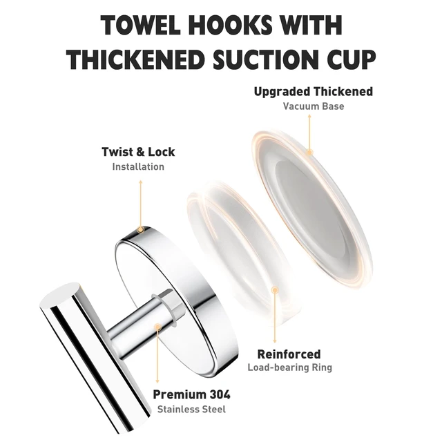 Alt view image 3 of 7 - Suction Cup Hooks for Shower, Shower Hooks for Inside Shower, No Drill Towel Hooks for Bathroom, Removable Suction Hooks for Glass, Mirror, Tile, Waterproof, Rustproof Chrome (2 Pack)