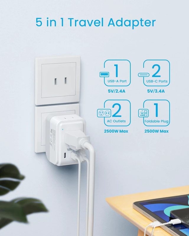 Alt view image 4 of 6 - US to Japan Plug Adapter, 1 Pack Foldable Japan Outlet Adapter Type A, 5 in 1 with 2 AC 3 USB, Dual USB C Fast Charge, Compact Size for Travel, 2 Prong to 3 Prong Outlet for USA Japan