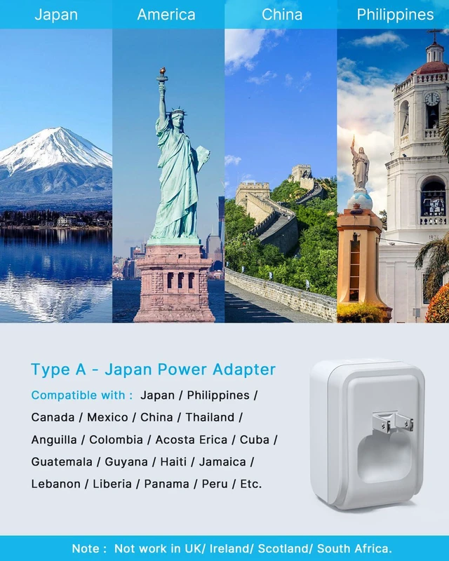 Alt view image 3 of 6 - US to Japan Plug Adapter, 1 Pack Foldable Japan Outlet Adapter Type A, 5 in 1 with 2 AC 3 USB, Dual USB C Fast Charge, Compact Size for Travel, 2 Prong to 3 Prong Outlet for USA Japan