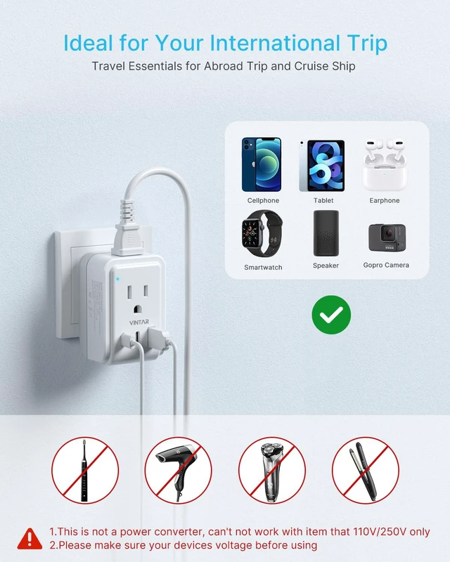 Alt view image 6 of 6 - US to Japan Plug Adapter, 1 Pack Foldable Japan Outlet Adapter Type A, 5 in 1 with 2 AC 3 USB, Dual USB C Fast Charge, Compact Size for Travel, 2 Prong to 3 Prong Outlet for USA Japan