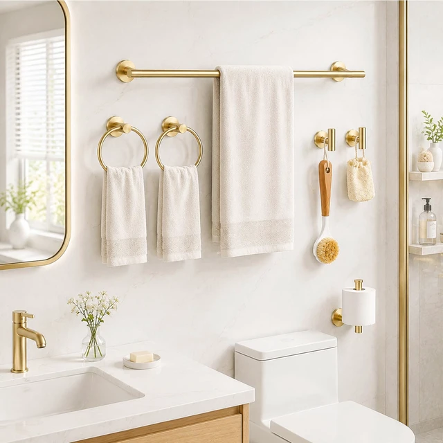 Alt view image 2 of 7 - Brushed Gold Bathroom Accessories Set, 10 Pieces Gold Towel Bar Bathroom Hardware Set, 24 Inch Towel Racks for Bathroom, SUS304 Stainless Steel Bathroom Towel Holder Toilet Paper Holder Wall Mounted